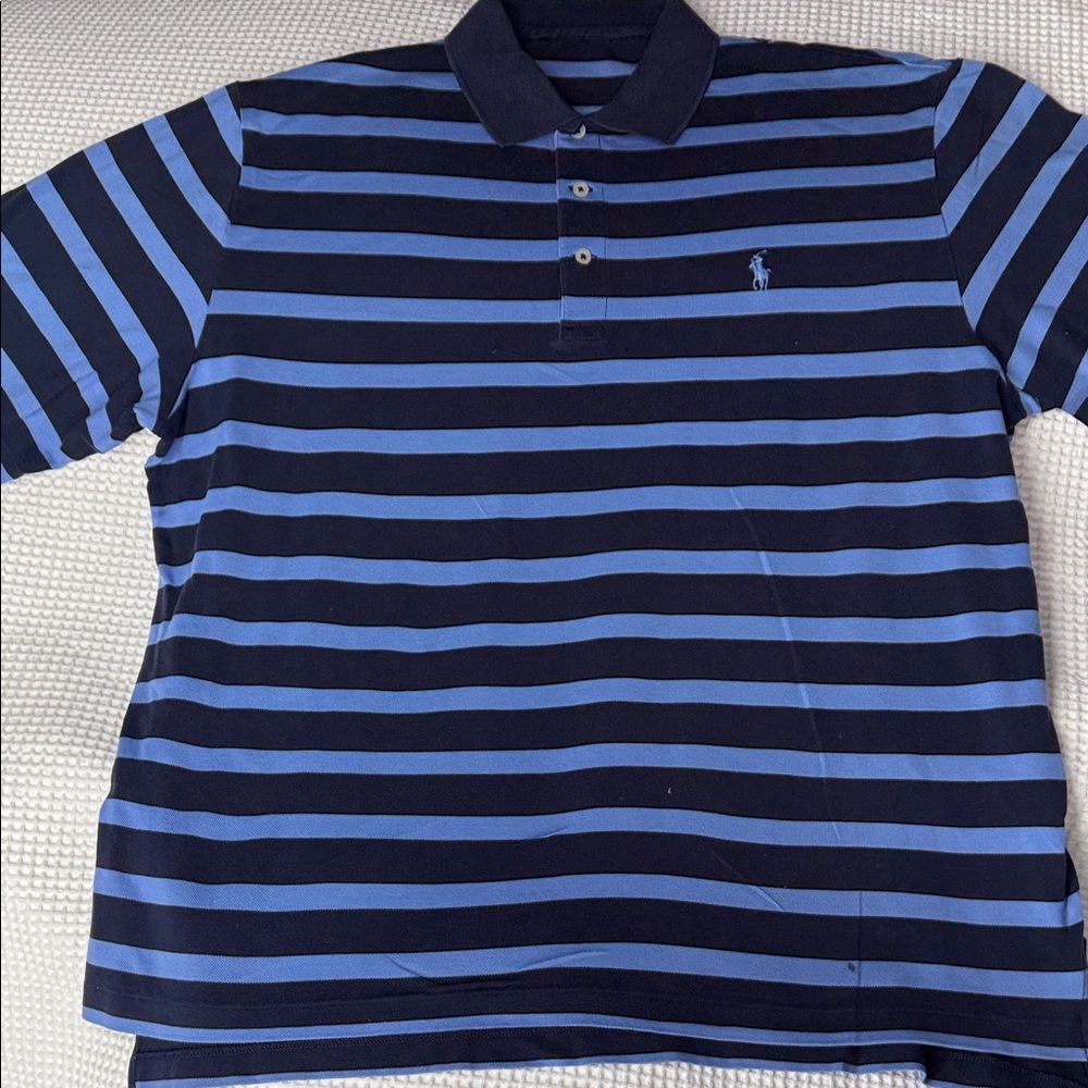 Polo by Ralph Lauren Men's Navy and Blue Striped Polo - Large